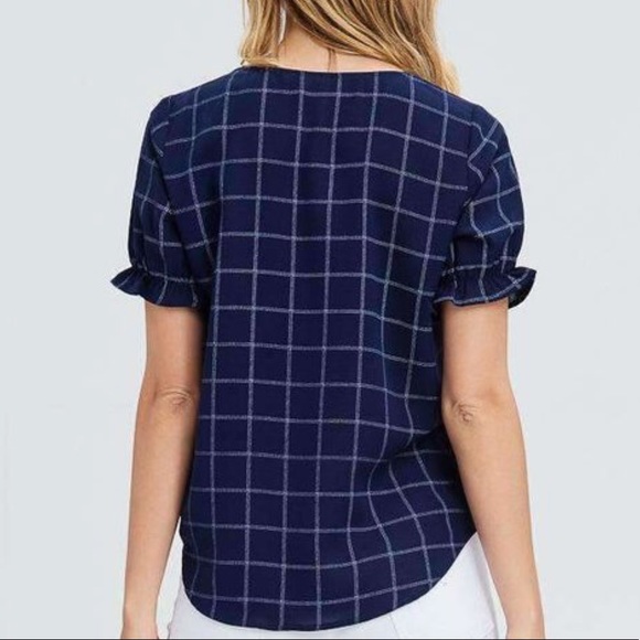 Cropped Button Down Blouse Navy Blue, Front Tie - Picture 7 of 8